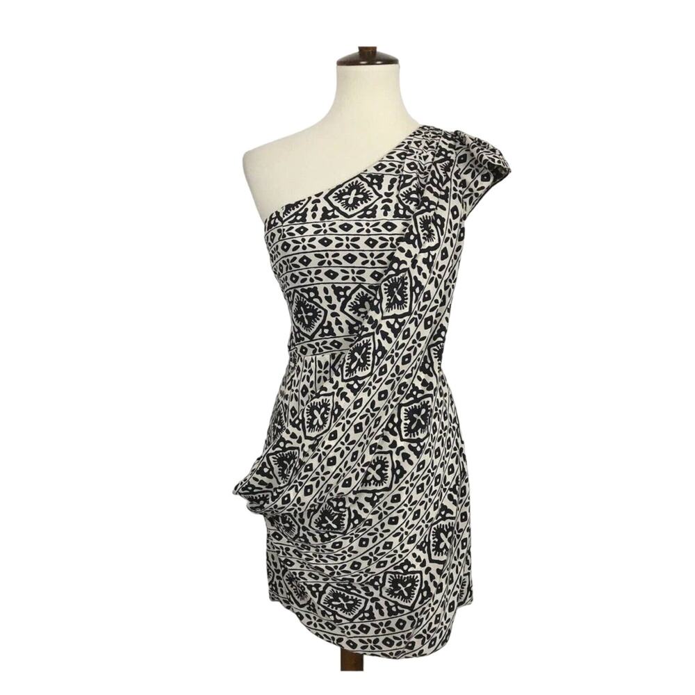 Nanette Lepore Womens black whiteSilk  sheath dress one shoulder Size 2
